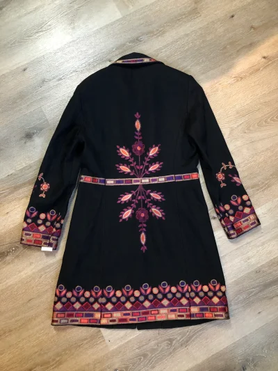 Black Wool Car Coat With Flower Embroidered Coat