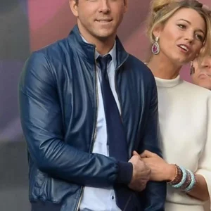 Blake Lively And Ryan Reynolds Blue Leather Jacket