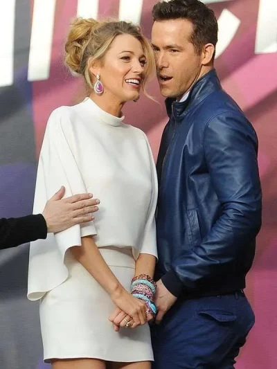 Blake Lively And Ryan Reynolds Blue Leather Jacket