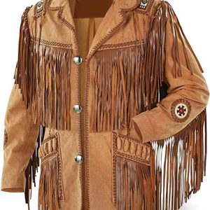 Mens Cowboy Western Suede Beaded Leather Jacket With Fringe Native American Jacket