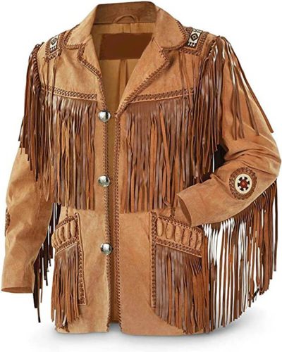 Mens Cowboy Western Suede Beaded Leather Jacket With Fringe Native American Jacket