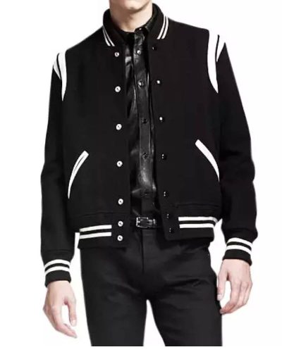 Black Letterman Jacket With White Detailing