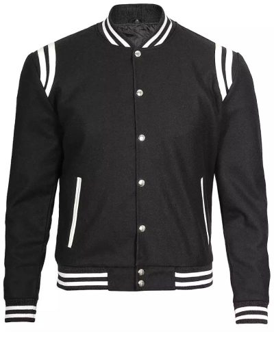 Black Letterman Jacket With White Detailing