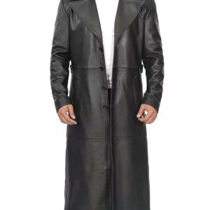 Men's Full-length Black Leather Trench Coat