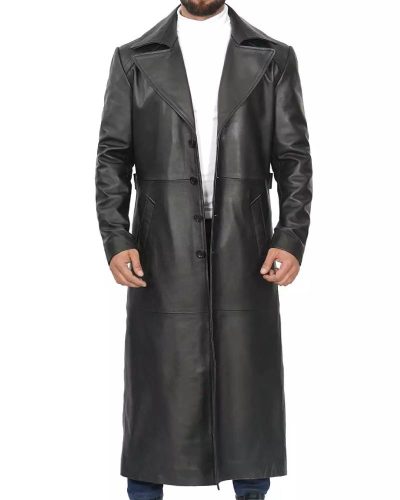 Men's Full-length Black Leather Trench Coat