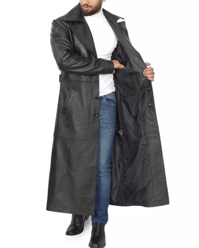 Men's Full-length Black Leather Trench Coat