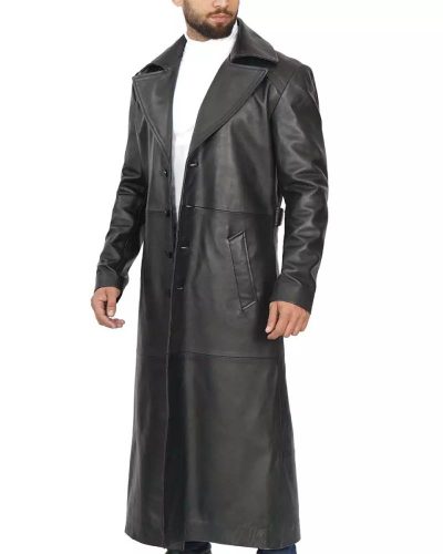Men's Full-length Black Leather Trench Coat