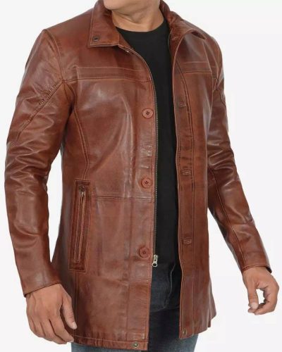 Men's Real Lambskin Length Cognac Car Coat