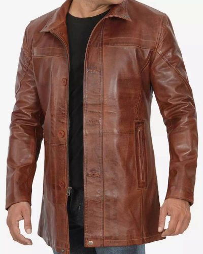 Men's Real Lambskin Length Cognac Car Coat