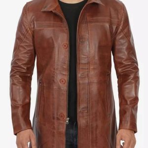 Men's Real Lambskin Length Cognac Car Coat
