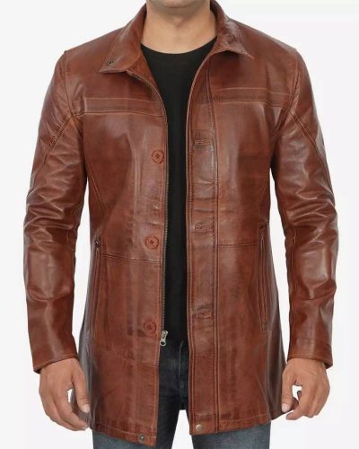 Men's Real Lambskin Length Cognac Car Coat