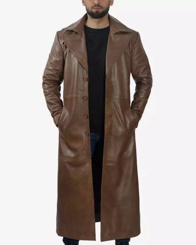 Men's Real Lambskin Leather Full Length Brown Trench Coat