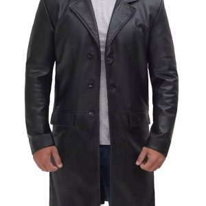 Men's Black Wide Lapel Premium Cowhide Leather Coat