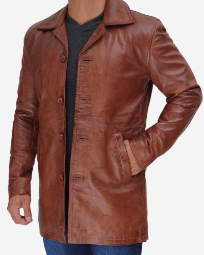 Men's Quarter Length Cognac Lambskin Leather Car Coat