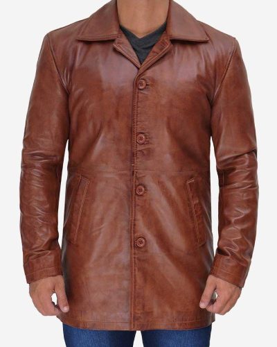 Men's Quarter Length Cognac Lambskin Leather Car Coat