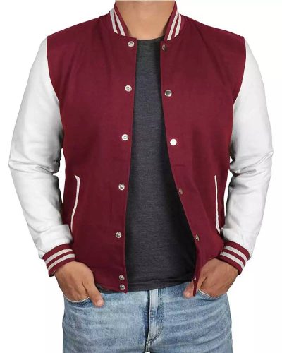 Men's Maroon Varsity Jacket with White Sleeves