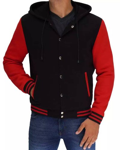 Salerno Men's Black And Red Varsity Jacket With Hood