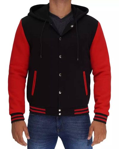 Salerno Men's Black And Red Varsity Jacket With Hood