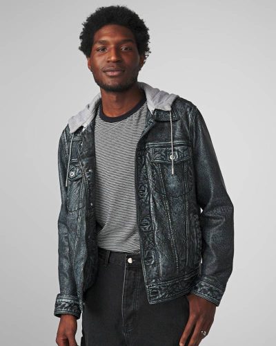 Crew Denim Leather Jacket With Hood