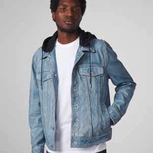 Crew Denim Leather Jacket With Hood