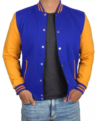 Mens Royal Blue Baseball Jacket With Yellow Sleeves
