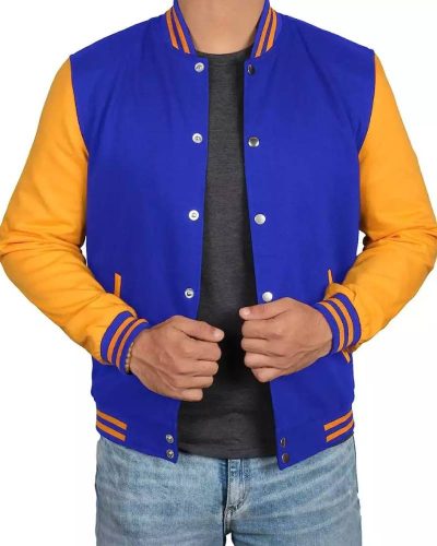 Mens Royal Blue Baseball Jacket With Yellow Sleeves