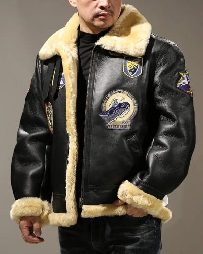 Authentic Men’s B-3 Aviator Sheepskin Black Leather Bomber Jacket