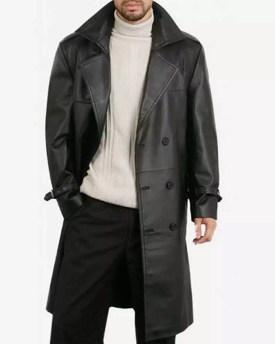 Mens Premium Double-breasted Black Lambskin Leather Coat