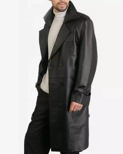 Mens Premium Double-breasted Black Lambskin Leather Coat