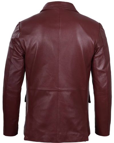 Men's Notch Lapel Maroon Leather Blazer