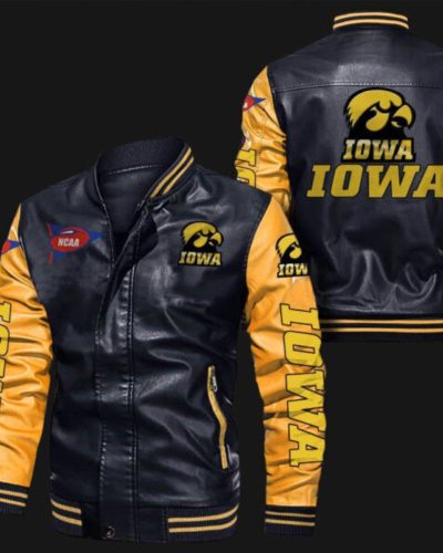 Black Yellow Iowa Hawkeyes Leather Bomber Jacket