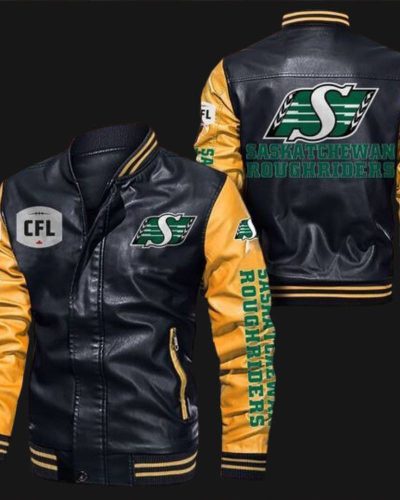 Black Yellow Saskatchewan Roughriders Leather Bomber Jacket