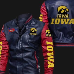 Blue Red Iowa Hawkeyes Leather Bomber Jacket