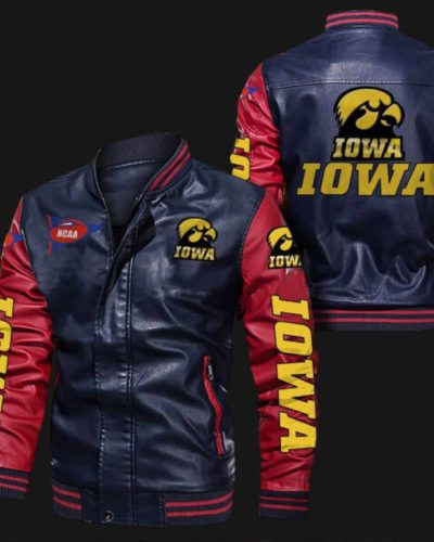 Blue Red Iowa Hawkeyes Leather Bomber Jacket