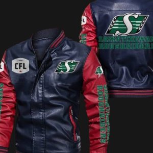 Blue Red Saskatchewan Roughriders Leather Bomber Jacket