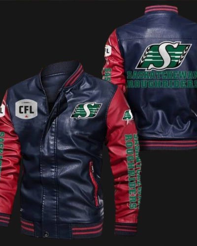 Blue Red Saskatchewan Roughriders Leather Bomber Jacket