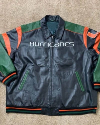 Miami Hurricanes Black Green Full Zip Leather Jacket
