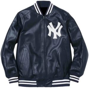 Supreme Yankees Navy Blue Leather Varsity Jacket