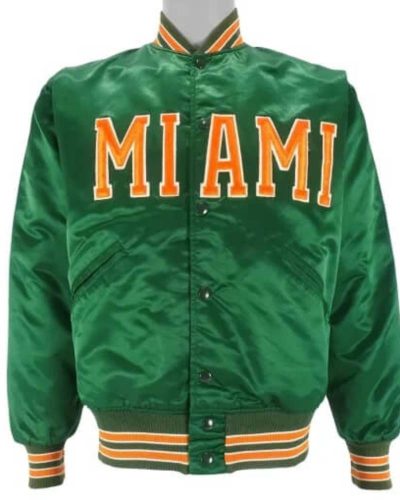 Vintage 80s Green Miami Hurricanes Satin Bomber Jacket