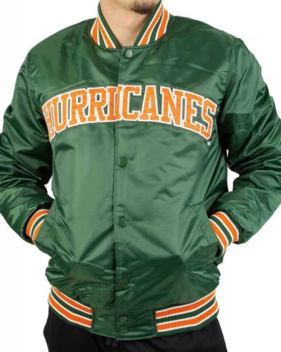 Green Miami Hurricanes Satin Bomber Jacket