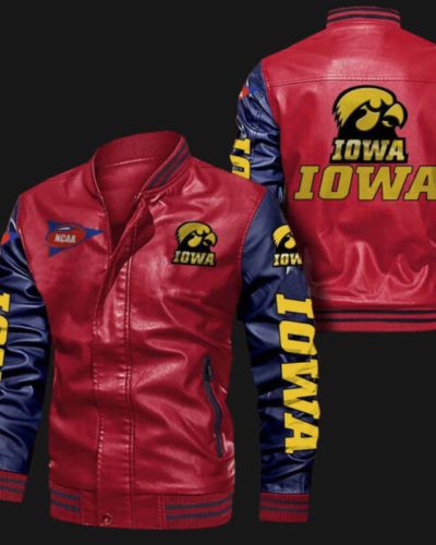 Red Blue Iowa Hawkeyes Leather Bomber Jacket