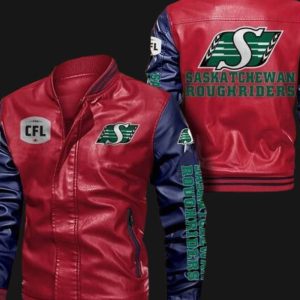 Red Blue Saskatchewan Roughriders Leather Bomber Jacket