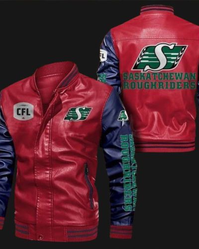 Red Blue Saskatchewan Roughriders Leather Bomber Jacket