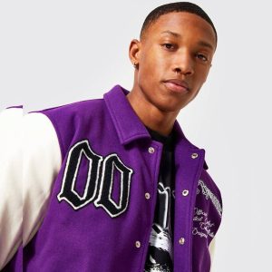 Back Wolf Detail Purple $ White Varsity Jacket