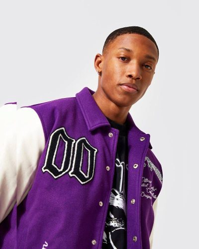 Back Wolf Detail Purple $ White Varsity Jacket