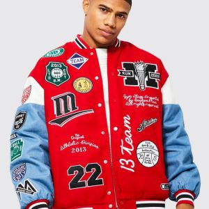 Oversized Sports Club Badge Red Varsity Jacket
