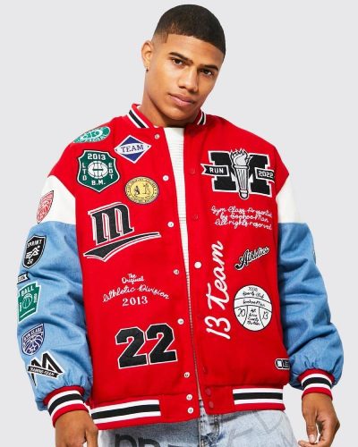 Oversized Sports Club Badge Red Varsity Jacket