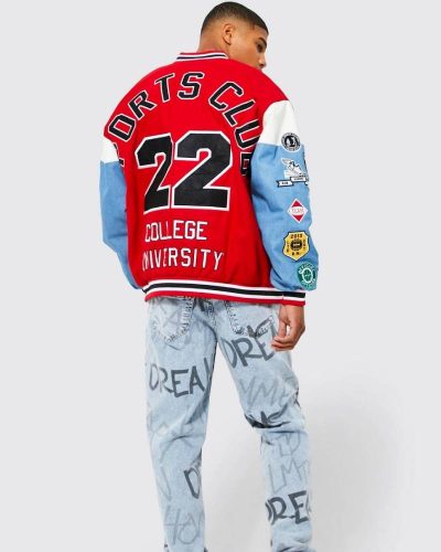 Oversized Sports Club Badge Red Varsity Jacket