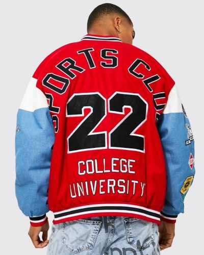 Oversized Sports Club Badge Red Varsity Jacket