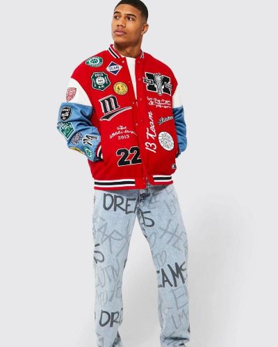 Oversized Sports Club Badge Red Varsity Jacket